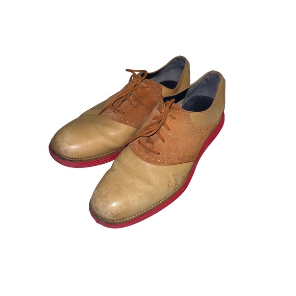 Cole Haan Men's Saddle Shoes Tan Suede Red Sole Lace Up Oxford Size 8M - Picture 2 of 5